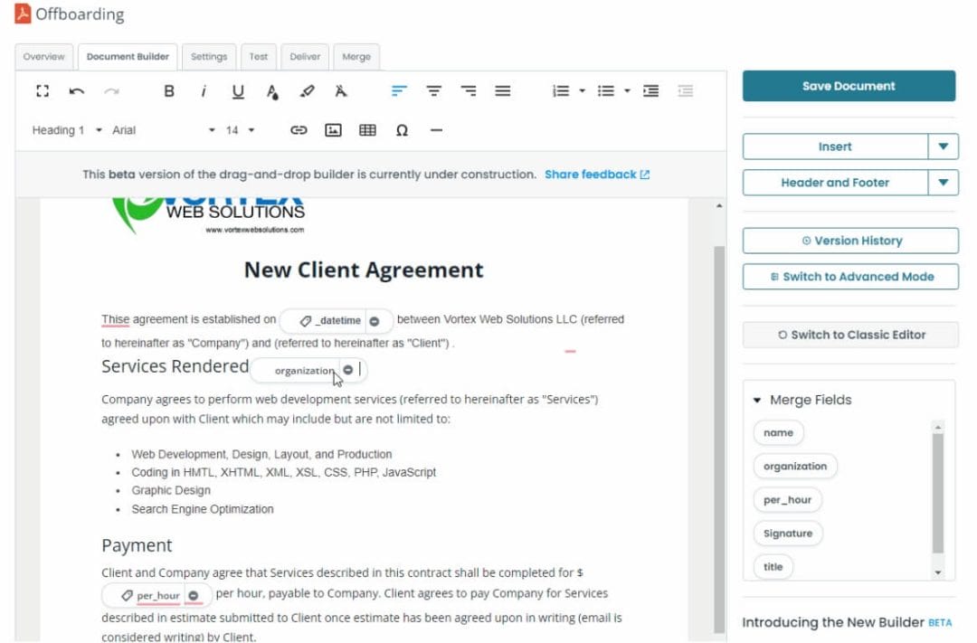Formstack creating template document